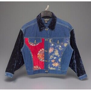 Carole Little Women 8 Denim Jacket Vintage Silk Velvet Chinoiserie Boho 90s Art